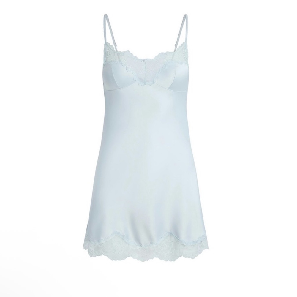 NWT SKIMS Sky Blue Lace Floral Chemise Slip Mini Dress Satin